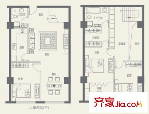 零点特区户型图B户型上层生活 4室2厅2卫2厨