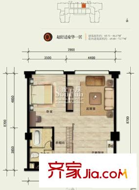 凯德品元户型图O户型 1室1厅1卫1厨