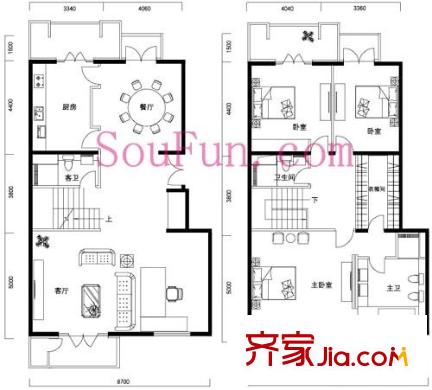 北京花园户型图E1复式 3室2厅3卫1厨