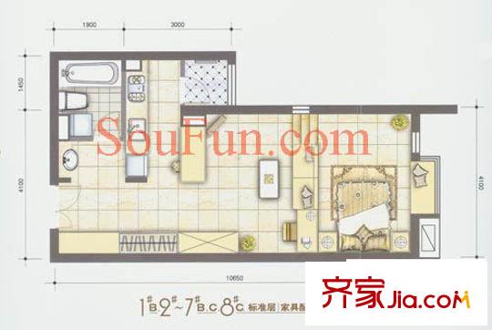 宝星国际户型图2-7#BC户型 1室1厅1卫1厨