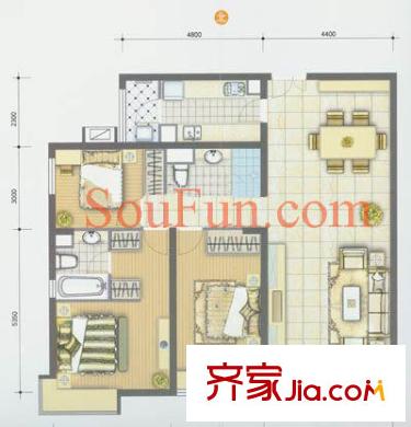 宝星国际户型图1#C/8#B户型 3室2厅2卫1厨