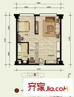 凯德品元户型图O户型 1室1厅1卫1厨