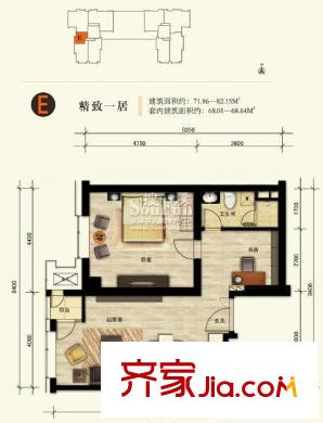 凯德品元户型图E户型 1室1厅1卫1厨