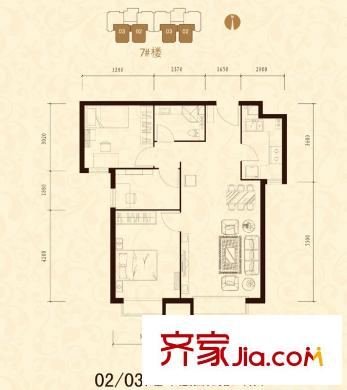 北京城建筑华年户型图7号楼02/03户型 3室2厅1卫1厨
