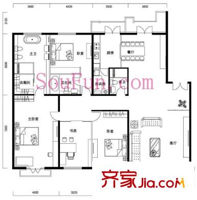 北京花园户型图B2户型 4室2厅3卫1厨