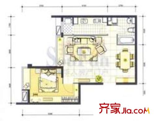 宝星国际户型图9#A.户标准层户型 1室2厅1卫1厨
