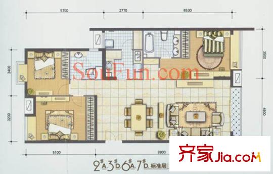 宝星国际户型图2#A户型 3室1厅2卫1厨