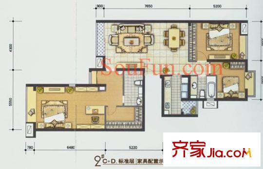 宝星国际户型图2#C-D户型 3室1厅2卫1厨