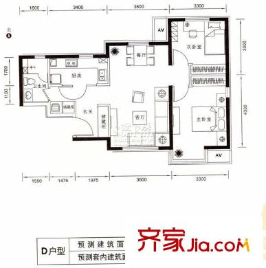 西府颐园户型图D户型图 2室2厅2卫1厨