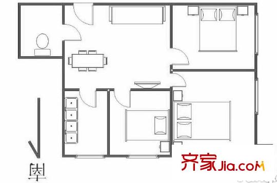 安慧里五区户型图80平东南三居(外) 3室1厅1卫1厨