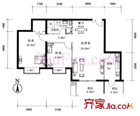 政泰家園戶型圖A座E1型 2室2廳1衛(wèi)1廚