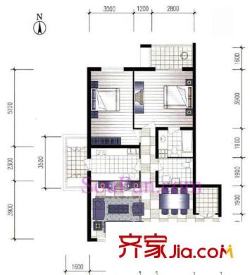 银领国际户型图533号楼07户型 2室2厅2卫1厨