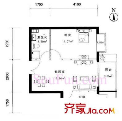 政泰家園戶型圖B座K戶型 1室1廳1衛(wèi)1廚