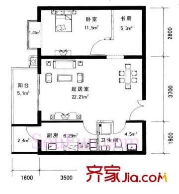 政泰家園戶型圖B座H戶型 2室2廳1衛(wèi)1廚