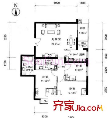 政泰家園戶型圖A座D1型 3室2廳2衛(wèi)1廚