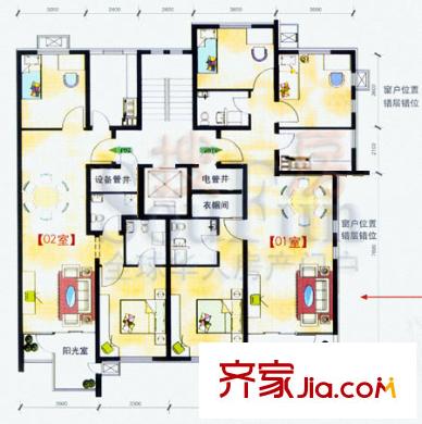 上地佳园户型图8-11#一单元户型 5室2厅4卫2厨
