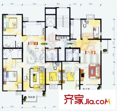 上地佳园户型图4-7#一单元户型 5室3厅3卫2厨