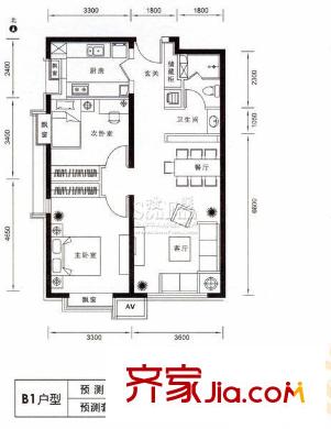 西府颐园户型图B1户型图 2室2厅1卫1厨