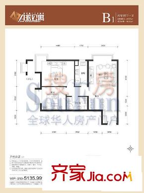 A派公寓户型图1号楼B1户型 2室2厅1卫1厨