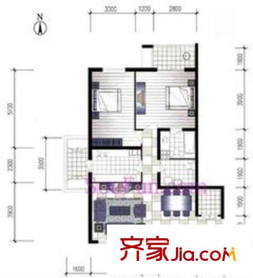 银领国际户型图532号楼07户型 2室2厅2卫1厨