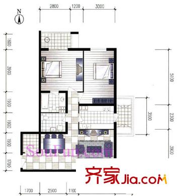 银领国际户型图535号楼02户型 2室2厅2卫1厨