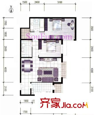 银领国际户型图533号楼03户型 2室2厅2卫1厨
