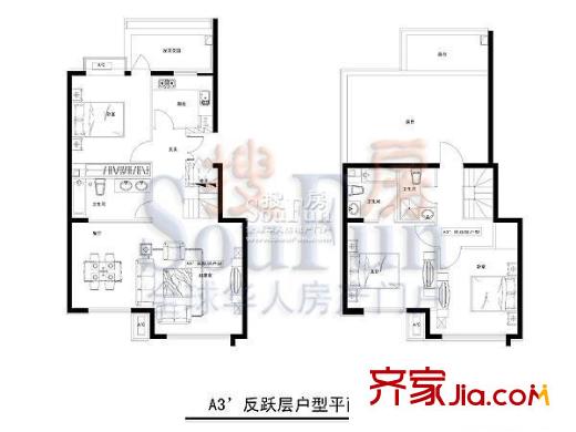 柏林山水别墅户型图A3’反跃层户型 3室2厅2卫1厨