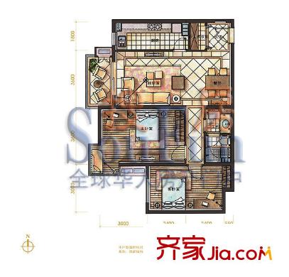 万科东第户型图B户型 2室2厅1卫1厨