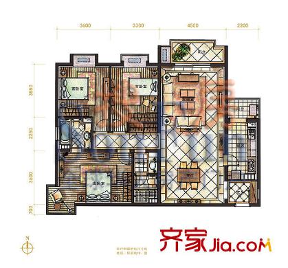 万科东第户型图A户型 3室2厅2卫1厨