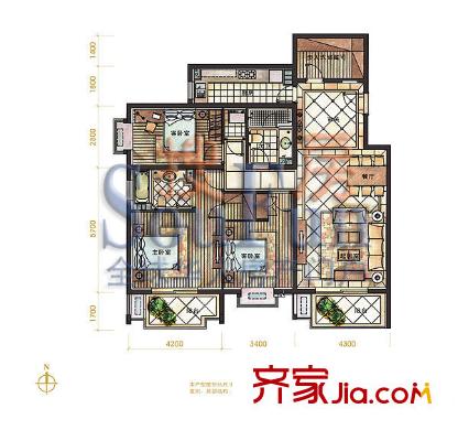 万科东第户型图C户型 3室2厅2卫1厨