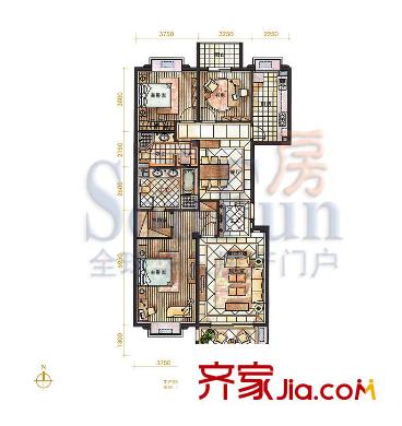万科东第户型图D户型 3室2厅2卫1厨