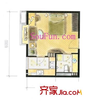 当代城市家园户型图小6户型 1室1厅1卫1厨