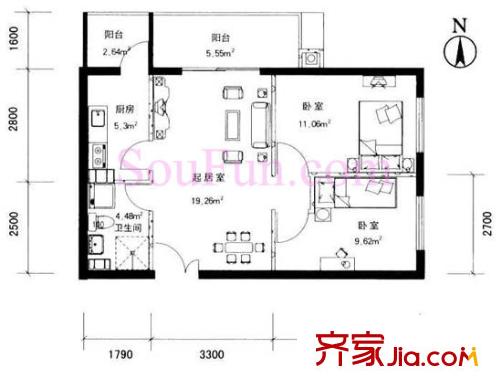 政泰家園戶型圖A座B戶型 2室2廳1衛(wèi)1廚
