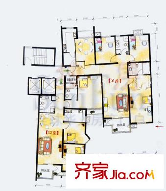 上地佳园户型图1-3#标准层户型 6室3厅4卫2厨