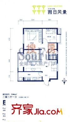 万科中粮假日风景户型图E户型 2室2厅1卫1厨
