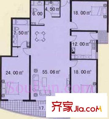 万豪国际公寓户型图A户型 3室3厅2卫1厨
