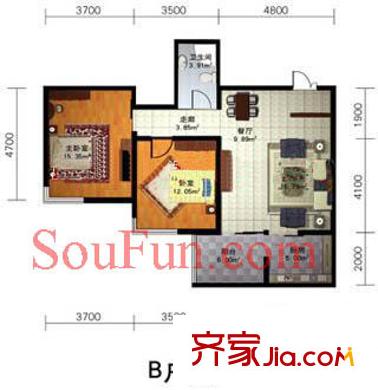 中水金海嘉苑户型图B户型 2室2厅1卫1厨