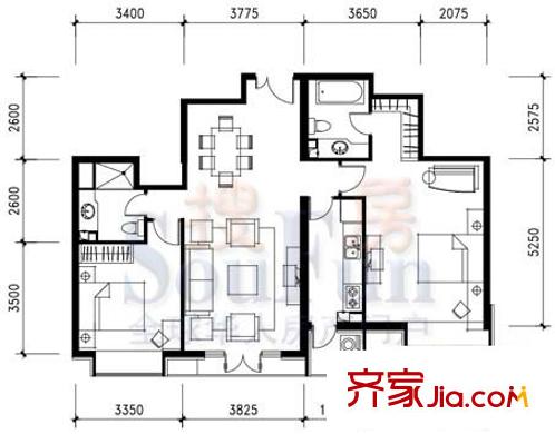 海悦名门户型图G户型 2室2厅2卫1厨