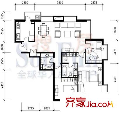 海悦名门户型图H户型 3室2厅2卫1厨