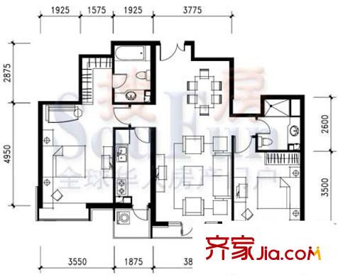海悦名门户型图F户型 2室2厅2卫1厨