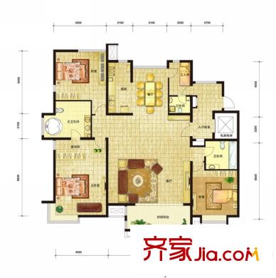 领秀新硅谷户型图C6号、C8号楼3居户型 3室2厅3卫1厨