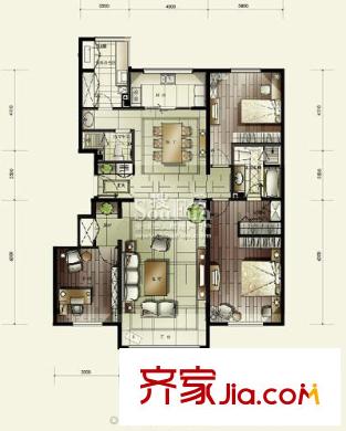 万科中粮假日风景户型图C户型 3室2厅2卫1厨