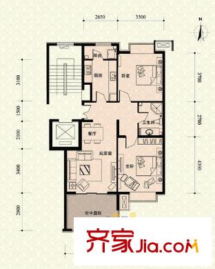 中景江山赋户型图c2反户型 2室2厅1卫1厨