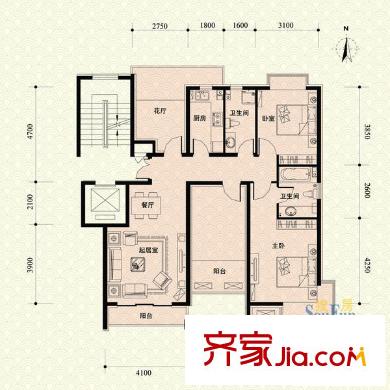 中景江山赋户型图b2-6户型 3室2厅2卫1厨