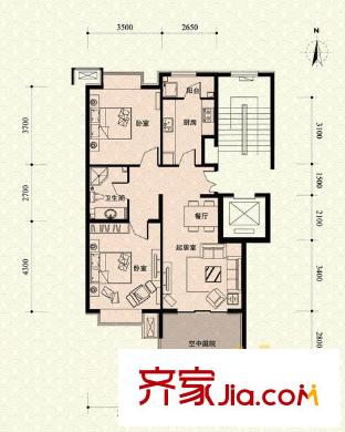中景江山赋户型图c2户型 2室2厅1卫1厨