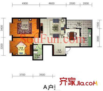 中水金海嘉苑户型图A户型 2室2厅1卫1厨