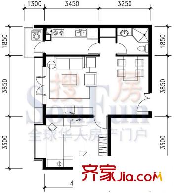海悦名门户型图B户型 1室2厅1卫1厨