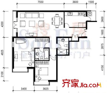 海悦名门户型图E户型 2室2厅2卫1厨