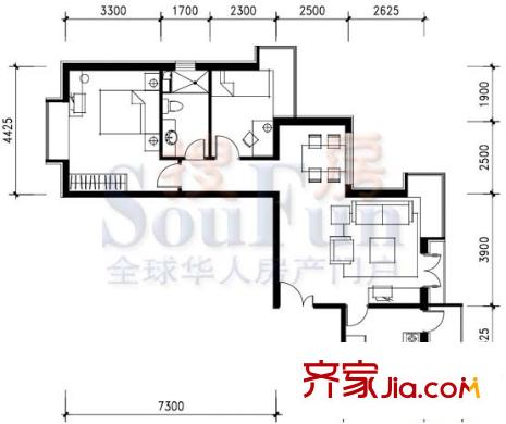海悦名门户型图A户型 2室2厅1卫1厨