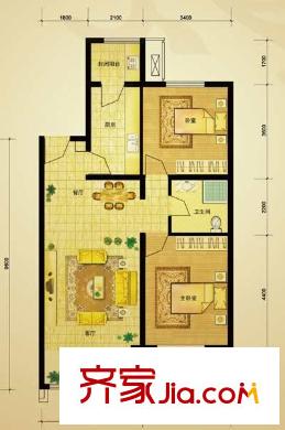 领秀新硅谷户型图四期1-5#二居户型图 2室2厅1卫1厨